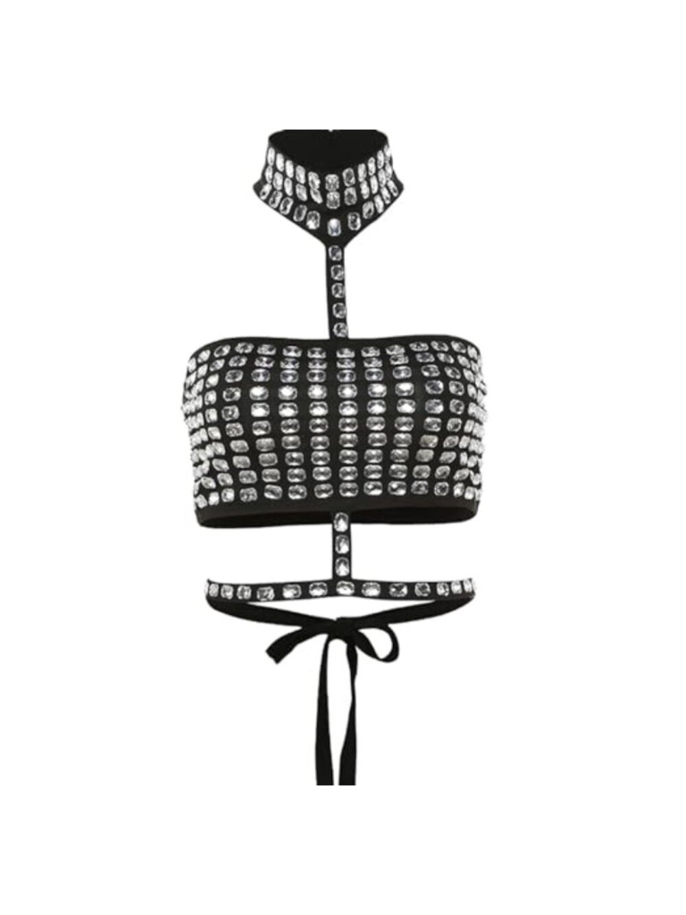 Rhinestone Halter Crop Tank Top Cutout Tie Back Night Out